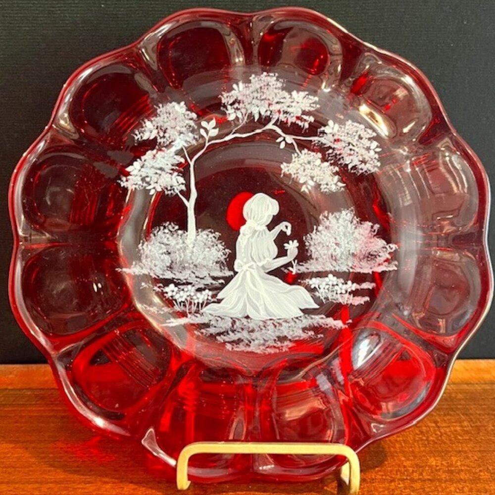 Fenton Mary Gregory "Love Me...Love Me Not" Ruby Red Glass Signed Plate
